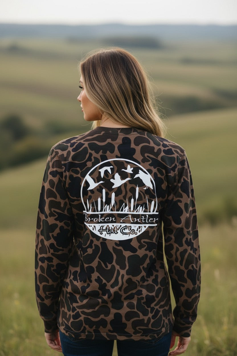 Broken Antler Hat Co.- The Cattails Long Sleeve Shirt Old School Duck Camo
