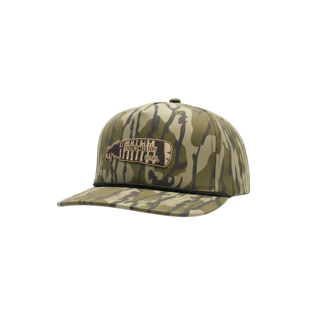 Broken Antler Hat Co. Mossy Oak camouflage snapback hat with adjustable strap and embroidered logo patch.