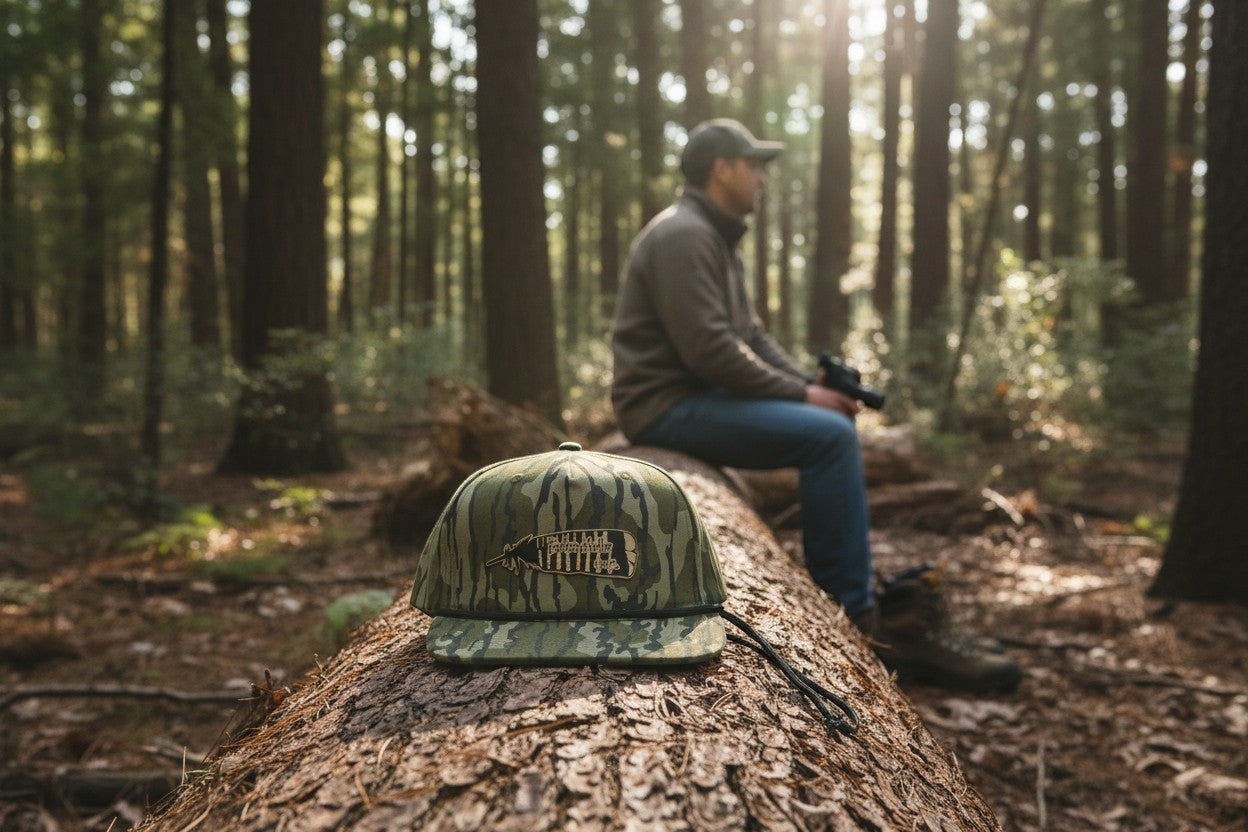 Broken Antler Hat Co. Mossy Oak camo snapback hat with adjustable strap, perfect for outdoor adventures.