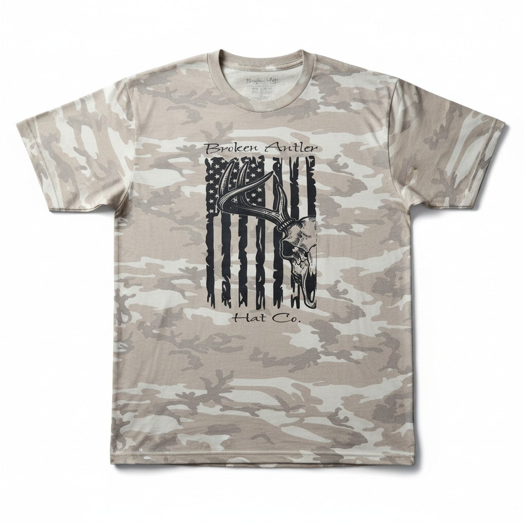 Broken Antler Hat Co.- Flag Deer Skull Shirt Front